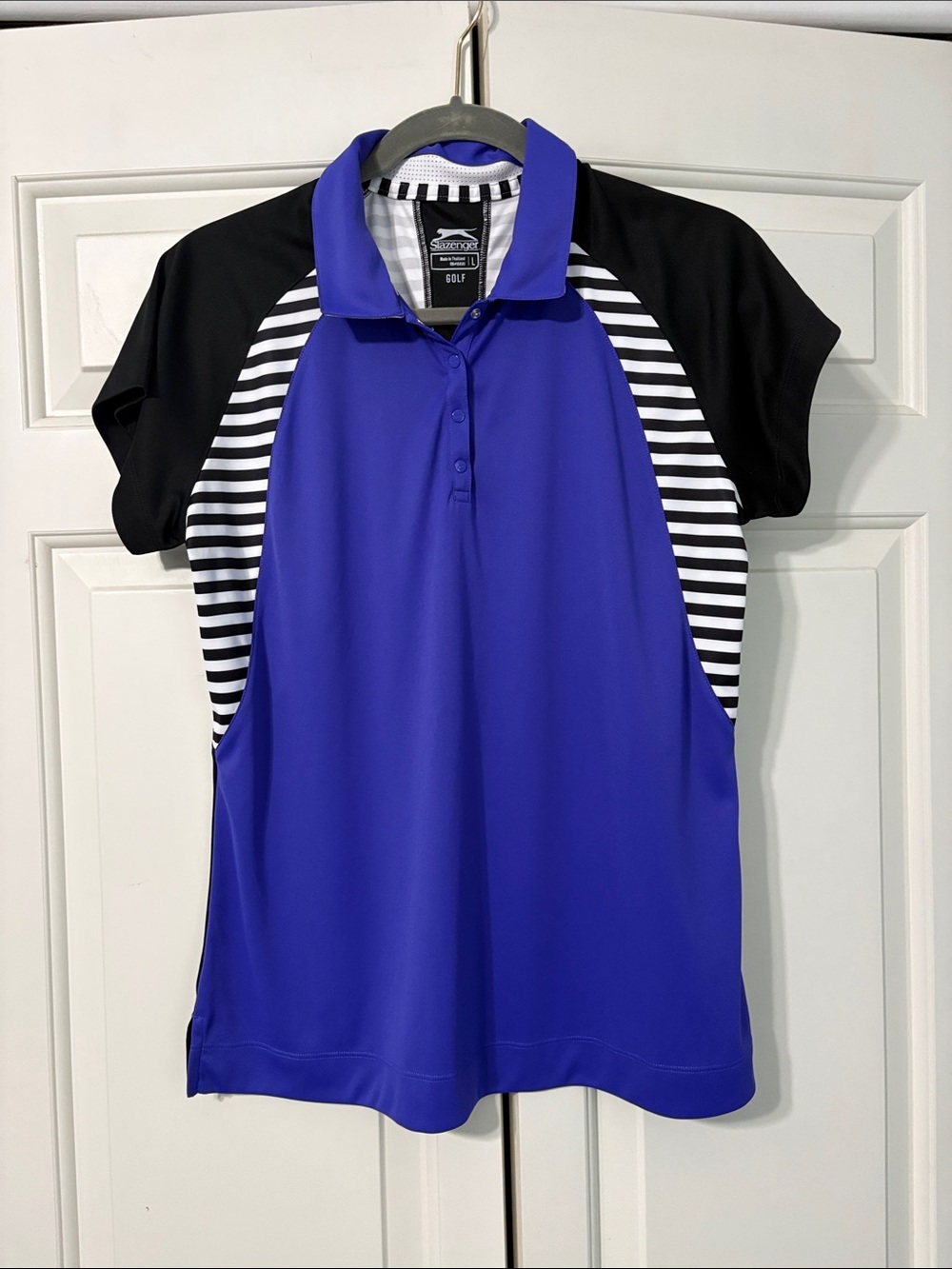 Slazenger Royal Blue Polo with Black Sleeves and Black-and-White Stripes